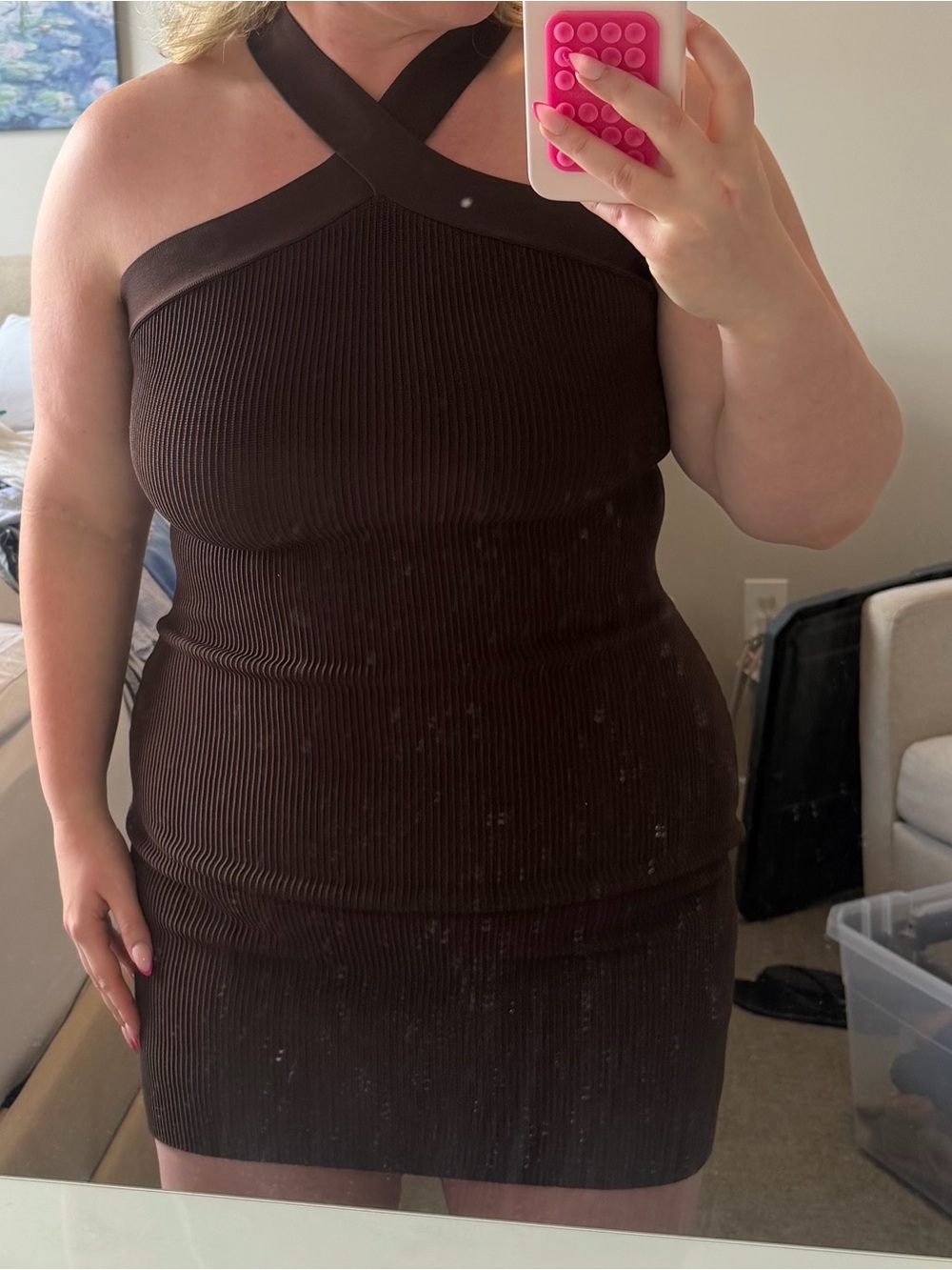 Sleeveless Ribbed Cross-Neck Bodycon Dress - Chocolate Brown